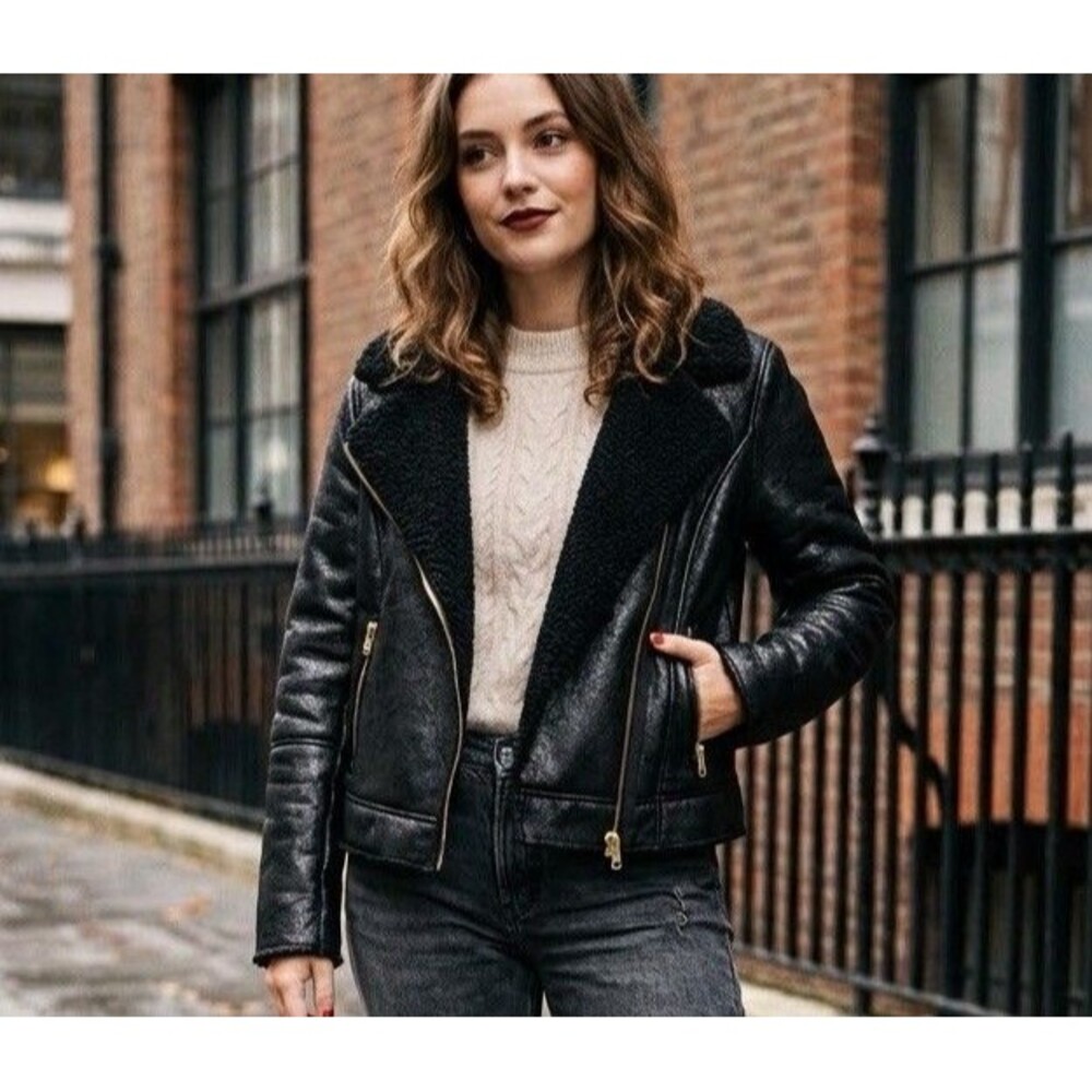 RACHEL Rachel Roy Faux Leather Sherpa Moto Aviator Jacket Textured Black Crop S